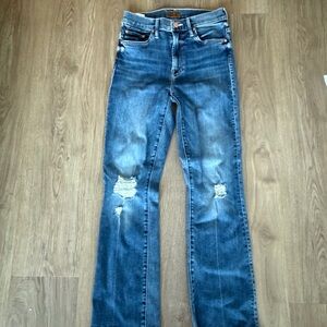 MOTHER Blue Straight Leg Jeans with Distressed Details